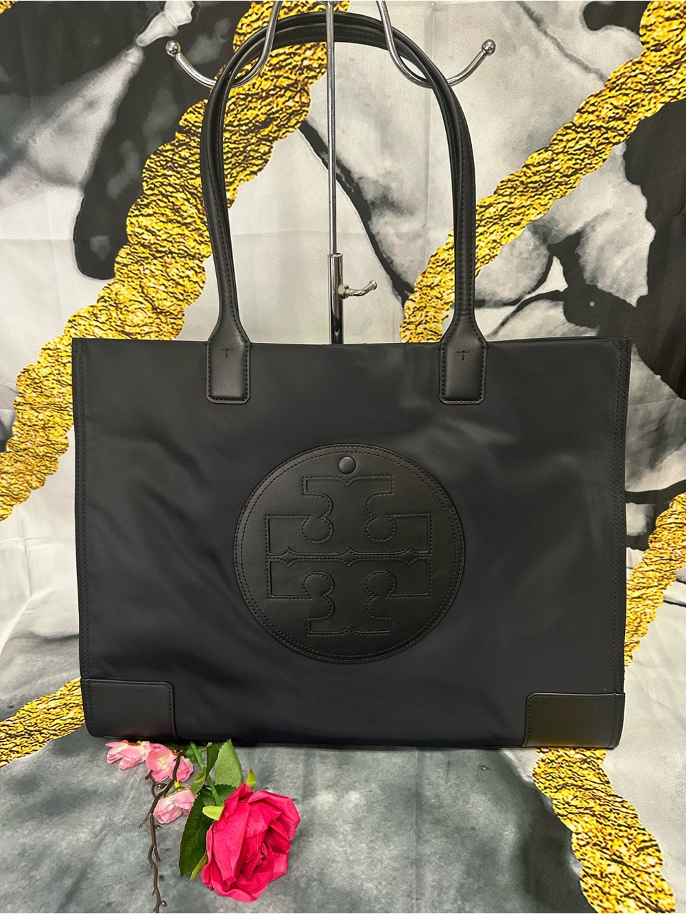 Tory Burch Black Nylon Logo Tote with Leather Trim large